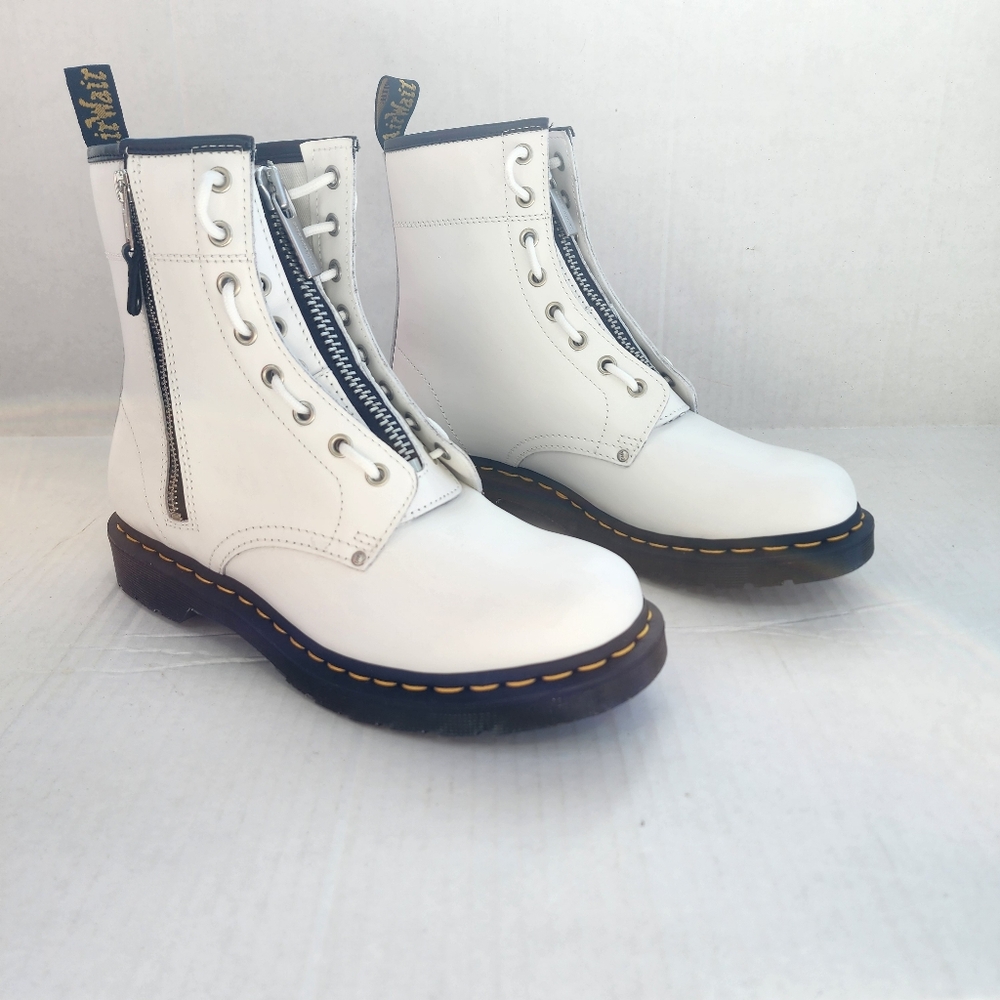 DR. MARTENS AIRWAIR DOUBLE ZIP WHITE LEATHER LACE UP COMBAT BOOTS SENDEL - Picture 15 of 16